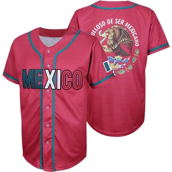 NEW Men's Mexico Red Short Sleeve Baseball Jersey with Mexican Flag Button Down - Picture 3 of 8